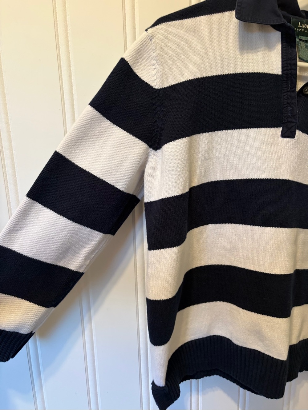 Lauren Ralph Lauren Women’s XL Navy White Striped Rugby Sweater Nautical Crest - Picture 5 of 8